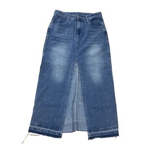 Happily Grey Jean Maxi Skirt Front Slit Denim Womens 7 27 Raw Hem 90s Style